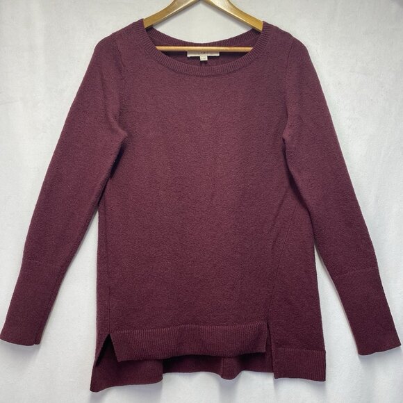 Loft Crew Neck Pullover Knit Sweater Women Medium Burgundy Side Slit Hem - Picture 12 of 12